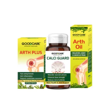 Arth Oil, Arth Plus Cap, and Calci Guard Combo Pack—natural solutions for joint comfort and strong bones.